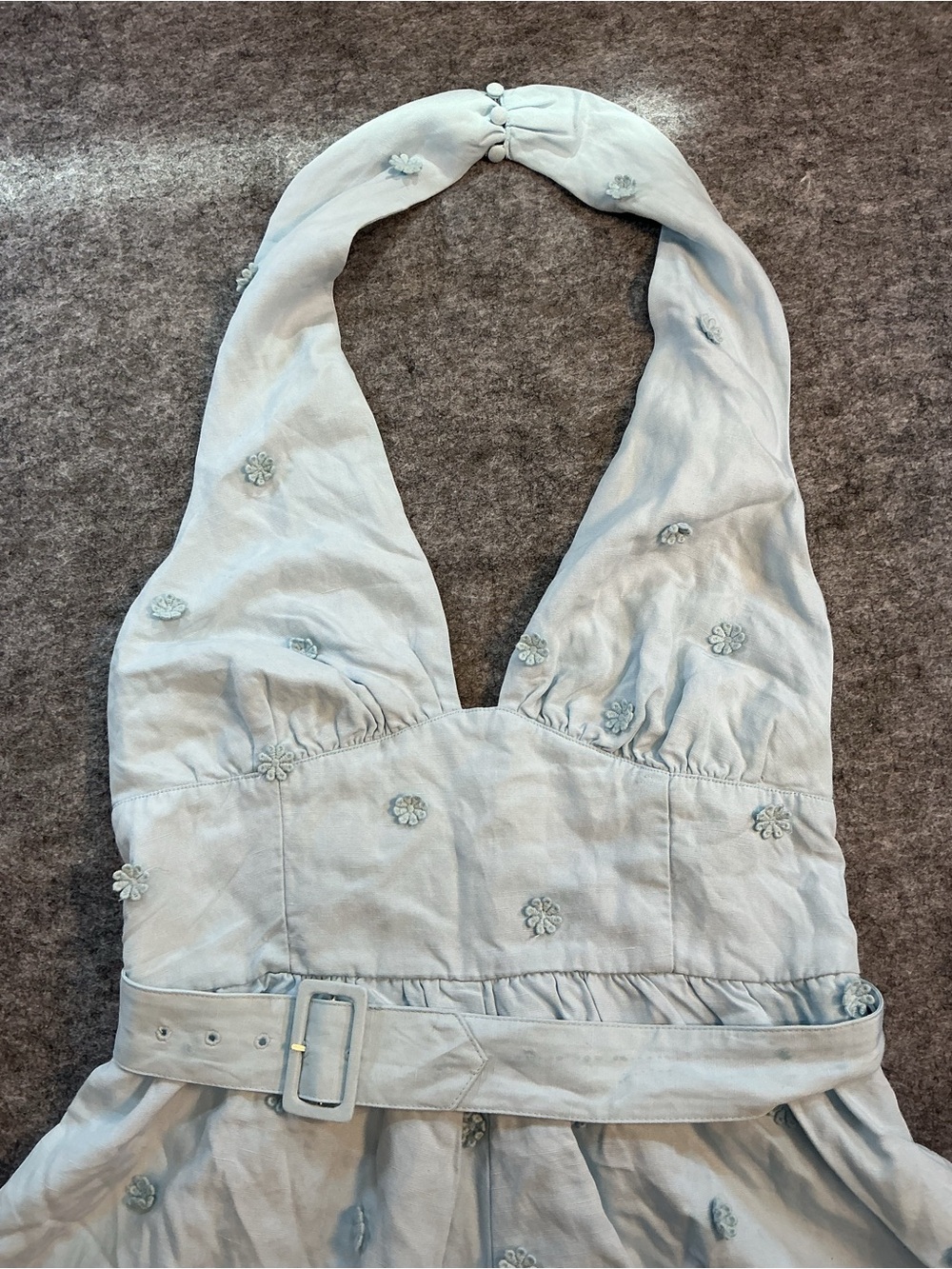 Anthropologie Linen Blend Bubble Light Blue Embroidered Halter Romper with Belt - Picture 3 of 5